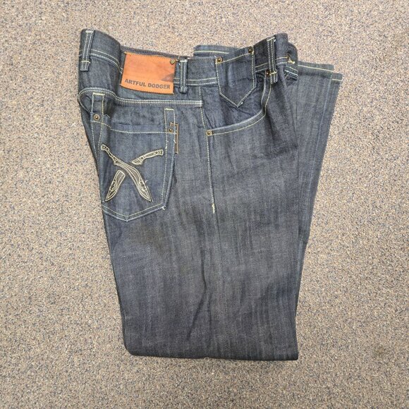 Artful Dodger Men's 36 Y2K Vintage Baggy Jeans Dark Wash Dagger Pockets Flawed - Picture 5 of 15